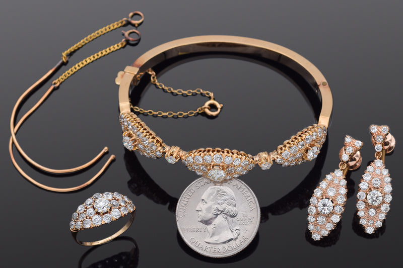 Antique 14K Yellow Gold 9.16 TCW Diamond Bracelet, Ring & Earrings Set