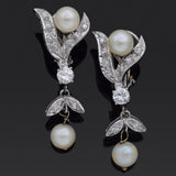 Vintage 14K White Gold Pearl & 1.16 TCW Diamond Omega Back Dangle Earrings
