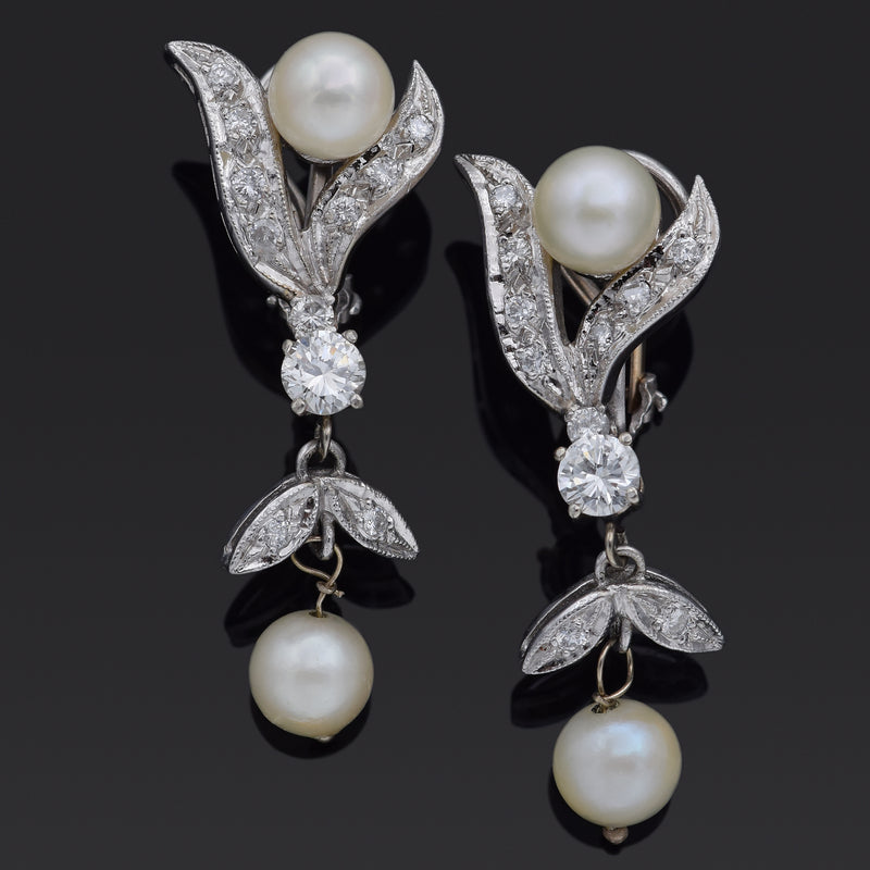 Vintage 14K White Gold Pearl & 1.16 TCW Diamond Omega Back Dangle Earrings