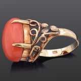 Vintage 14K Yellow Gold Red Coral Filigree Cocktail Ring 6.3 Grams Size 6.25
