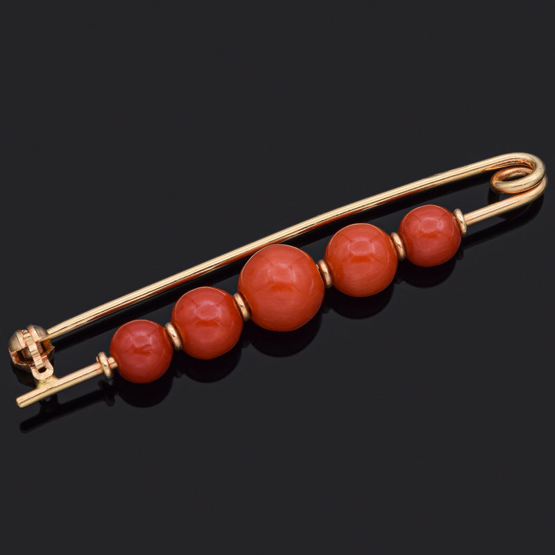 Vintage 18K Yellow Gold Red Coral Bead Safety Pin Brooch Pin