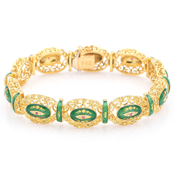Uno a Erre 18K Yellow Gold Ruby Green Enamel Filigree Wide Link Bracelet