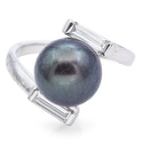 Vintage 14K White Gold Black Pearl & Diamond Bypass Band Ring Size 5.5