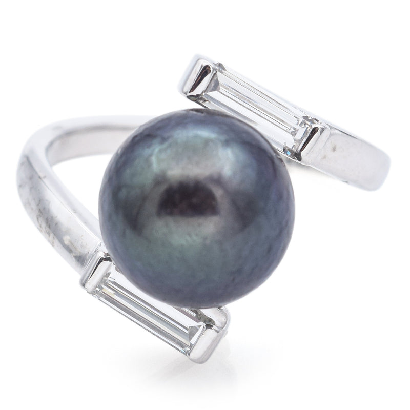 Vintage 14K White Gold Black Pearl & Diamond Bypass Band Ring Size 5.5