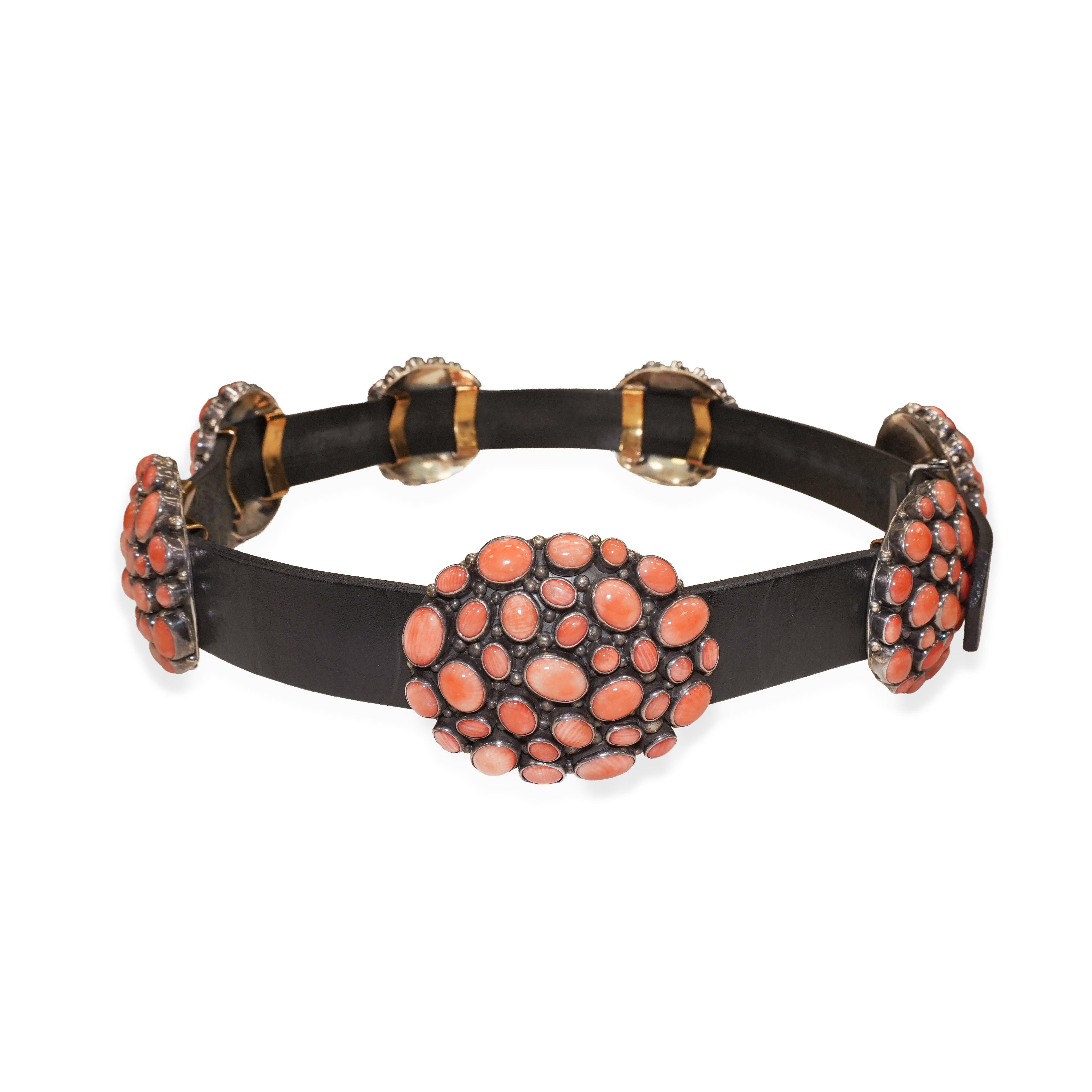 Southwestern Philbert Secatero Sterling Silver Coral Leather Concho Belt