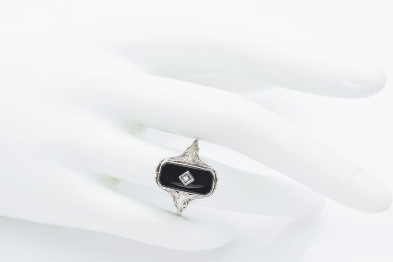 Vintage 14K White Gold Ruby, Onyx & Diamond Spinner Ring Size 8.5