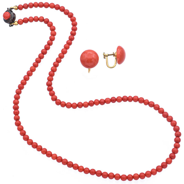 Vintage Gold Filled Red Coral Strand Beaded Necklace & Earrings Set