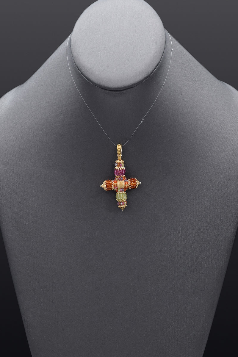 Vintage Italy 18K Yellow Gold Multi-Stone Cross Enhancer Pendant + Box