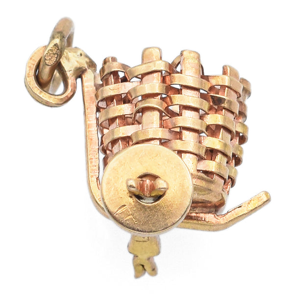 Vintage 14K Yellow Gold Woven Basket Cart Charm Pendant