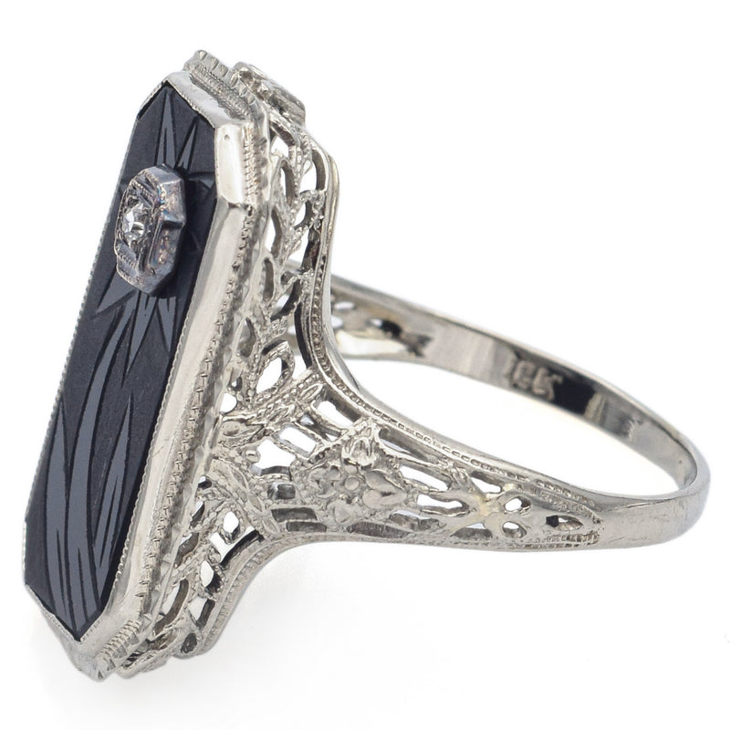 Antique 18K White Gold Black Onyx & Diamond Floral Rectangle Ring Size 6
