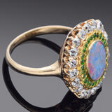 Antique 14K Yellow Gold Opal, Tsavorite Garnet & 0.82 TCW Diamond Ring Size 6.25