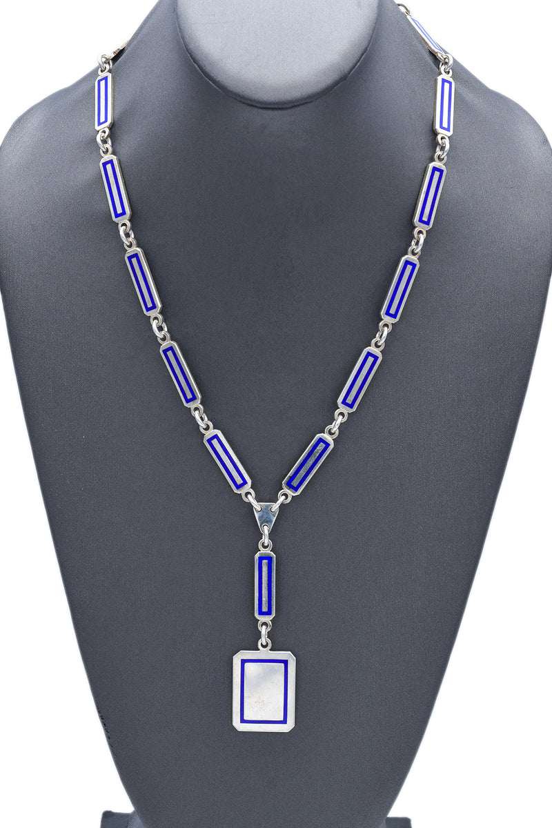 Vintage Gucci Sterling Silver Blue Enamel Pendant Y Drop Necklace