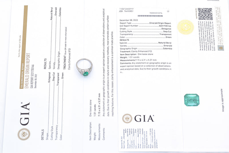 GIA Antique Art Deco 1.51 Ct Emerald & 0.52 TCW Diamond Platinum Ring Size 6.5