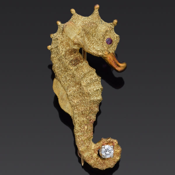 Vintage Diamond & Ruby 18K Yellow Gold Seahorse Brooch Pin