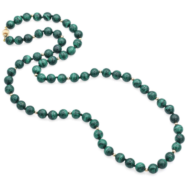 Vintage 14K Yellow Gold Malachite Beaded Strand Necklace 26 inches