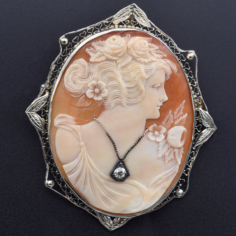 Antique 14K White Gold Cameo Shell & Diamond Oval Brooch Pin Pendant