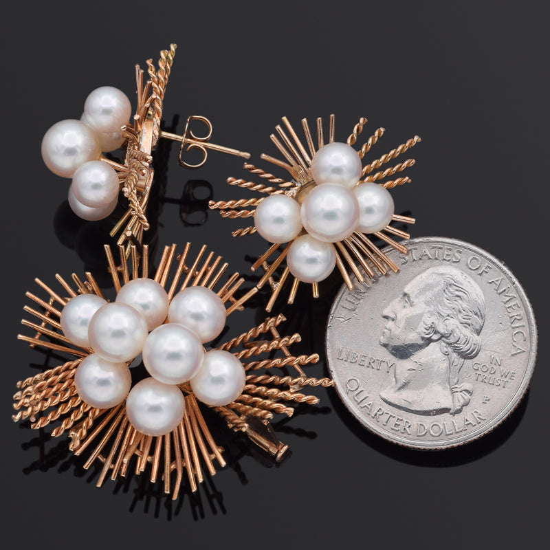 Vintage 14K Yellow Gold Pearl Earrings & Brooch Pin Pendant Set