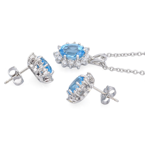 Estate 14K White Gold Blue Topaz & 0.60TCW Diamond Pendant Necklace Earrings Set