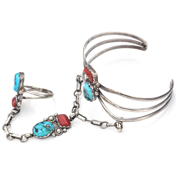 Vintage Sterling Silver Turquoise & Red Coral Southwestern Ring Slave Bracelet
