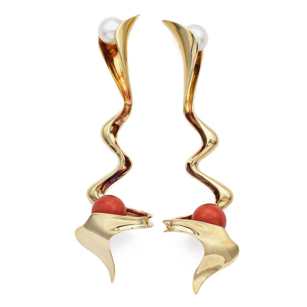 Estate Red Coral & Pearl 18K Yellow Gold Drop Earrings