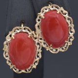 Vintage 18K Yellow Gold Red Coral Oval Cabochon Latch-Back Earrings