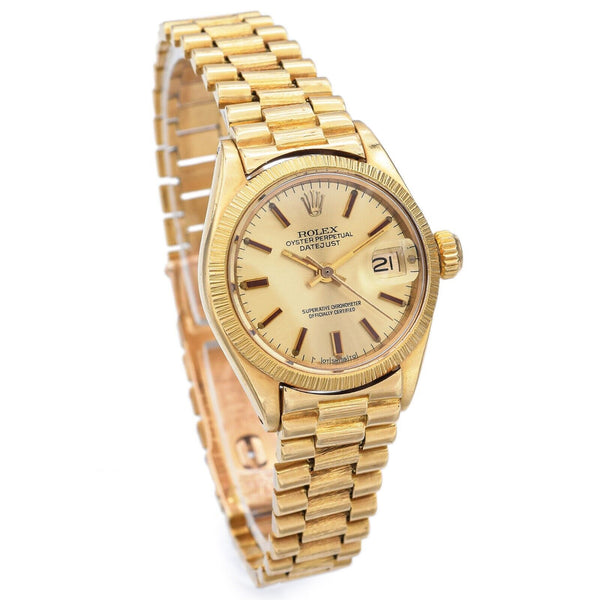 1973 Rolex Datejust Ladies Bark Finish 18K Yellow Gold Automatic Watch Ref 6927