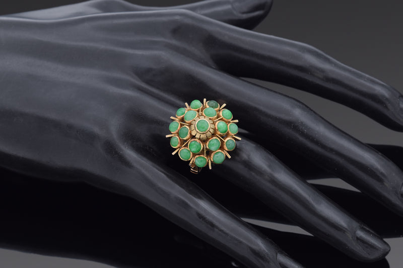 Vintage 14K Yellow Gold Green Jade Thai Princess Harem Cocktail Ring Size 6.5
