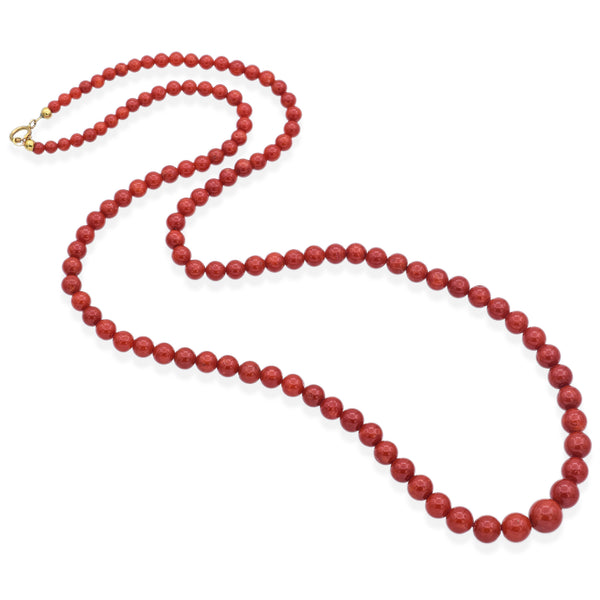 Vintage 18K Yellow Gold Red Coral Graduated Beaded Strand Necklace 21 Inches