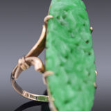 Vintage 14K Yellow Gold Green Jade Carved Floral Ring Size 6