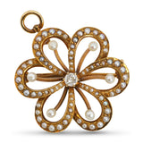 Antique Victorian 13k Yellow Gold Diamond and Pearl Flower Brooch Pendant