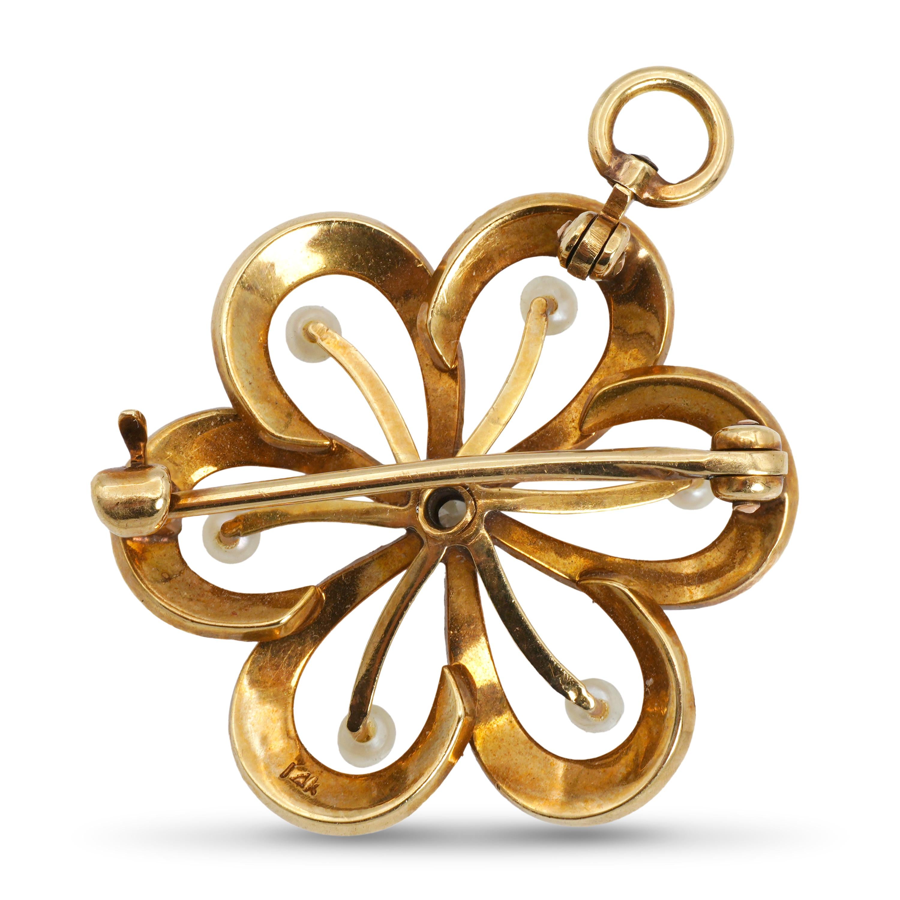 Antique Victorian 13k Yellow Gold Diamond and Pearl Flower Brooch Pendant