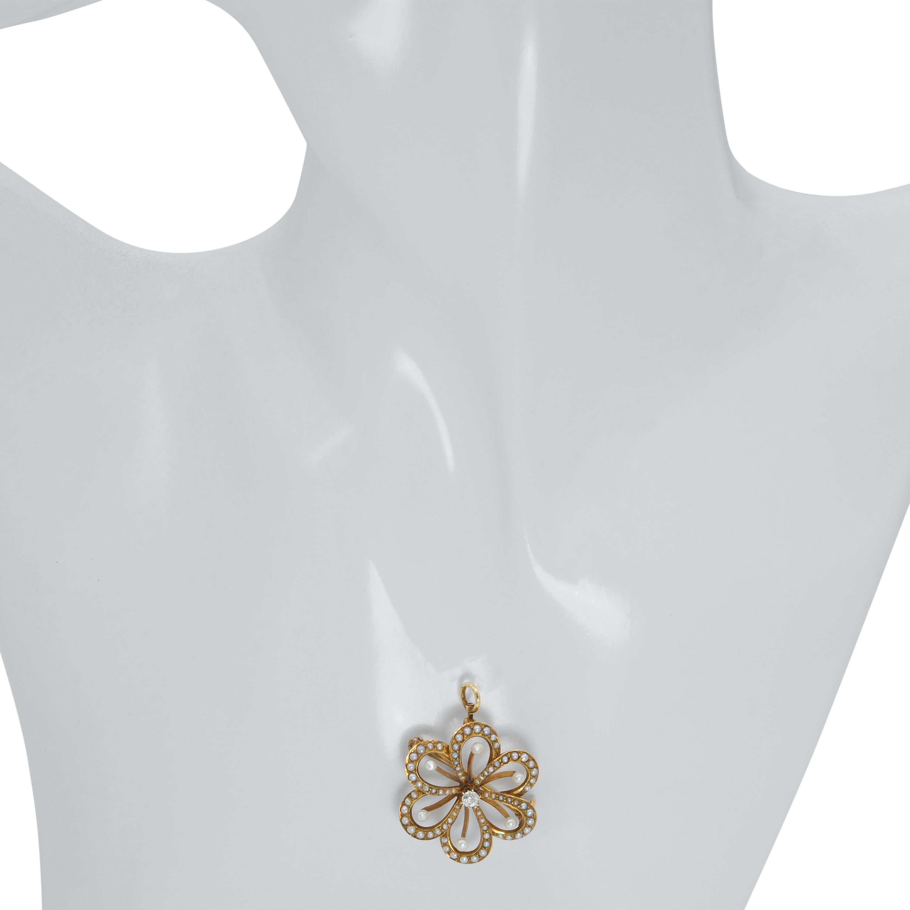 Antique Victorian 13k Yellow Gold Diamond and Pearl Flower Brooch Pendant