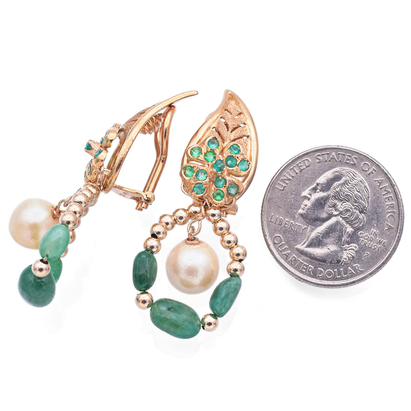 Vintage 18K Yellow Gold Emerald & Pearl Clip-On Dangle Earrings