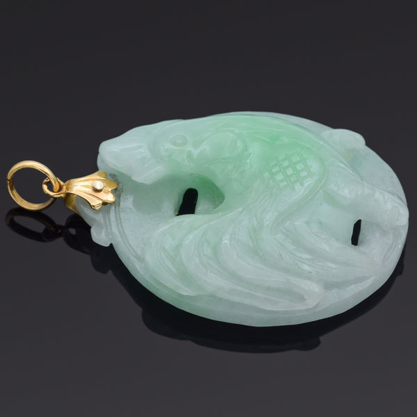Vintage Green Jade 18K Yellow Gold Carved Rooster Pendant
