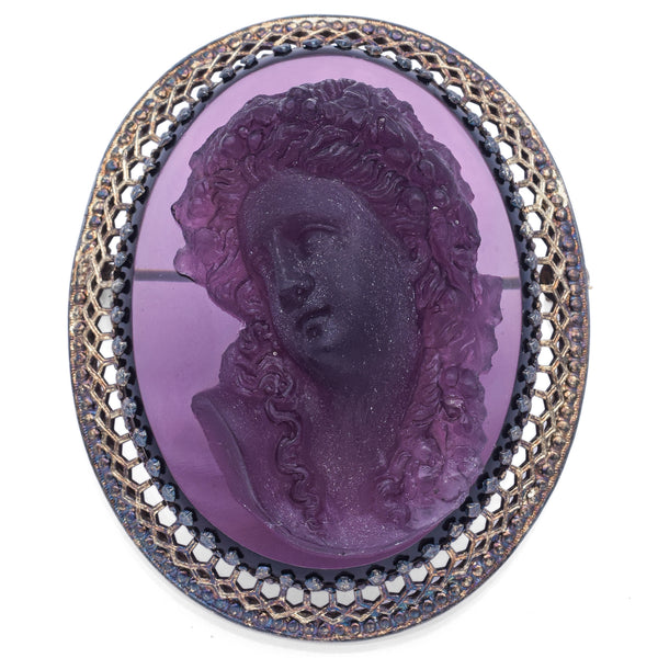 Antique Silver Plated Purple Paste High Relief Cameo Brooch Pin