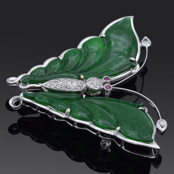 Estate 18K White Gold Green Jade & Diamond & Ruby Butterfly Brooch Pin Pendant