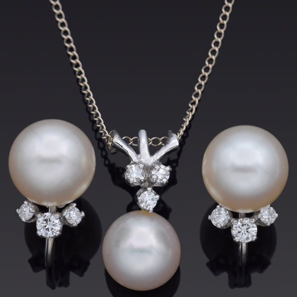 Vintage 14K White Gold Pearl & 0.37 TCW Diamond Pendant Necklace & Earrings Set