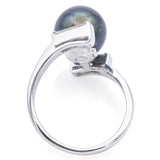 Vintage 14K White Gold Black Pearl & Diamond Bypass Band Ring Size 5.5