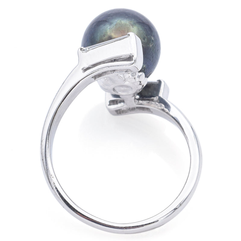 Vintage 14K White Gold Black Pearl & Diamond Bypass Band Ring Size 5.5