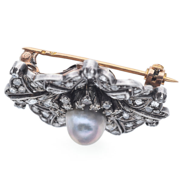 GIA Antique 15K Yellow Gold & Sterling Silver 1.00TCW Diamond & Pearl Brooch Pin