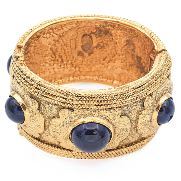 Vintage Chanel Gripoix Blue Glass Cabochon Gold-Plated Bangle Bracelet