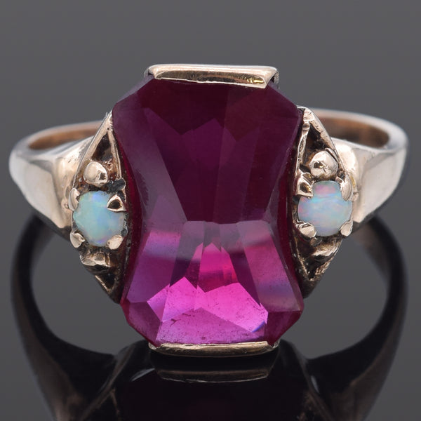 Antique Ruby & Opal 10K Yellow Gold Band Ring Size 5