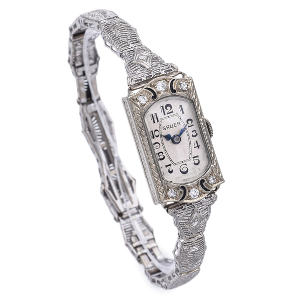Antique Gruen 14K White Gold Diamond 15 Jewels Hand Wind Women's Watch