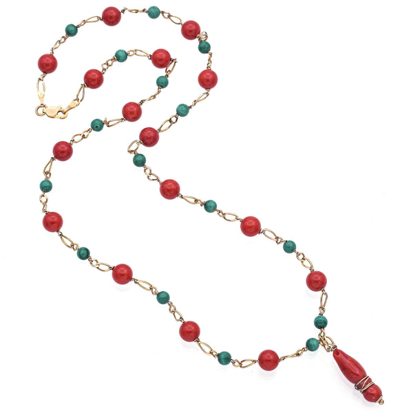 Vintage 14K Yellow Gold Red Coral & Malachite Beaded Strand Necklace 20 Inches