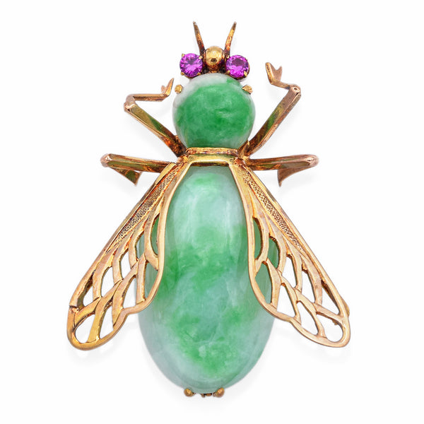 Vintage 14K Yellow Gold Green Jade & Ruby Insect Bee Bug Brooch Pin