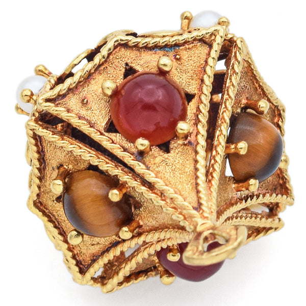 Vintage Gikks Tiger's Eye, Pearl & Carnelian 18K Yellow Gold Lantern Pendant