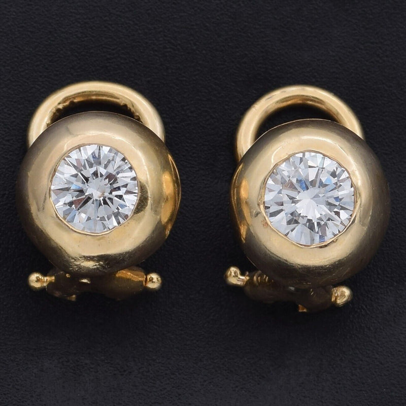 Vintage 14K Yellow Gold 1.12 TCW Diamond Omega-Back Earrings 9 mm