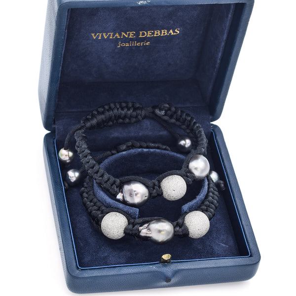 Viviane Debbas 18K White Gold Baroque Pearl Adjustable Cord Bracelet Lot +Box