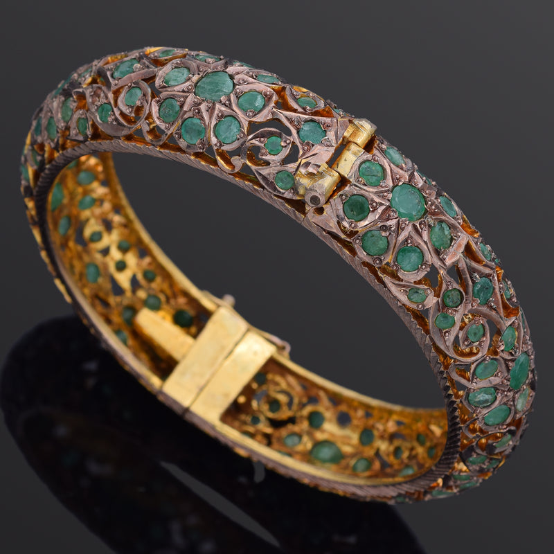 Antique 6K Yellow Gold Emerald 15 mm Hinged Bangle Bracelet + Box