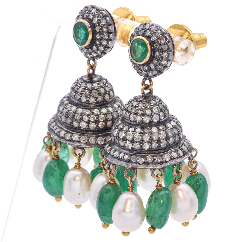 Estate 18K Gold & Sterling Silver Pearl Emerald & 3.29 TCW Diamond Drop Earrings